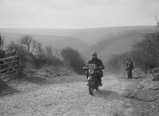 498 cc Triumph of CJ Dennis, MCC Lands End Trial, top of Beggars Roost, Exmoor, 1939. Artist: Bill Brunell