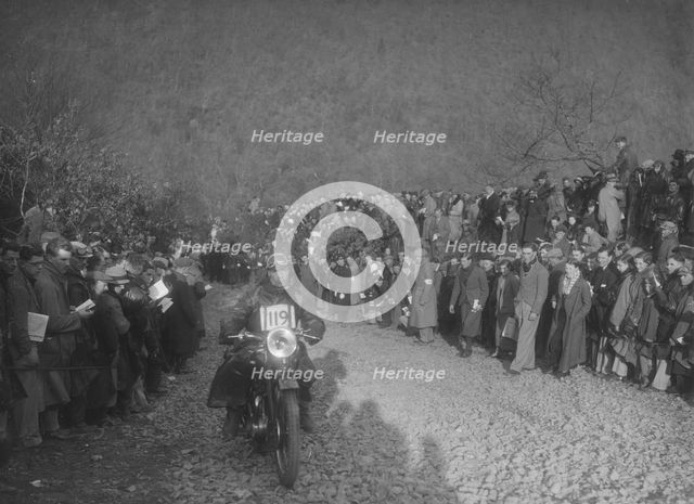 499 cc Ariel of LA Barrett competing in the MCC Lands End Trial, Beggars Roost, Devon, 1936. Artist: Bill Brunell.