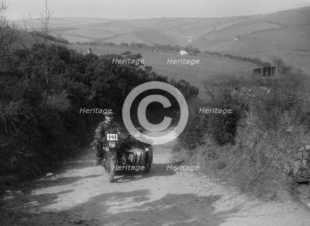 499 cc Rudge-Whitworth and sidecar of E Travers, MCC Lands End Trial, Beggars Roost, Devon, 1936. Artist: Bill Brunell.