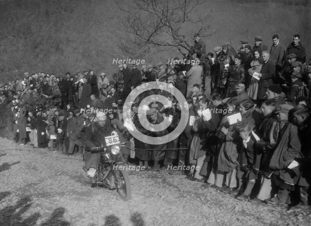 499 cc Vincent-HRD of W Clarke competing in the MCC Lands End Trial, Beggars Roost, Devon, 1936. Artist: Bill Brunell.