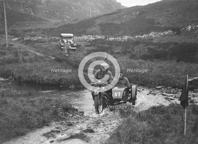 493 cc Triumph and sidecar of HS Perry competing in E&DMC Scottish 6 Days Trial, 1933.. Artist: Bill Brunell.
