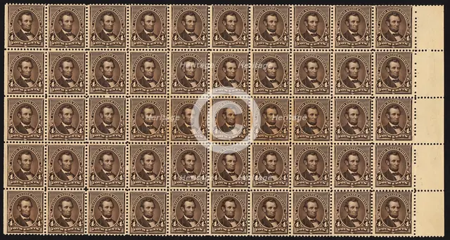 4c Abraham Lincoln block of fifty, June 2, 1890. Creator: American Bank Note Company.