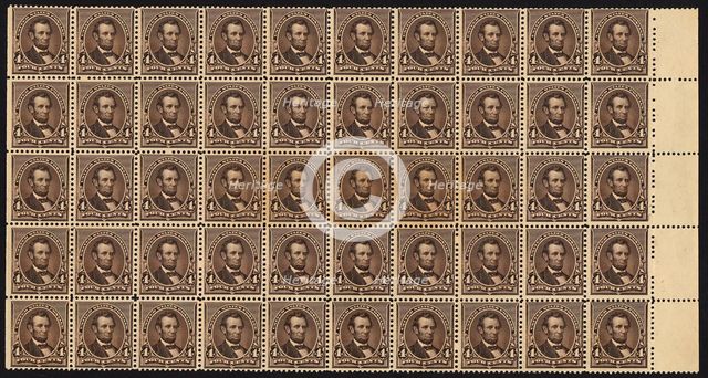 4c Abraham Lincoln block of fifty, June 2, 1890. Creator: American Bank Note Company.
