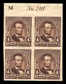 4c Abraham Lincoln proof plate block of four, June 2, 1890. Creator: American Bank Note Company