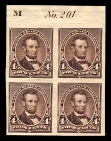 4c Abraham Lincoln proof plate block of four, June 2, 1890. Creator: American Bank Note Company