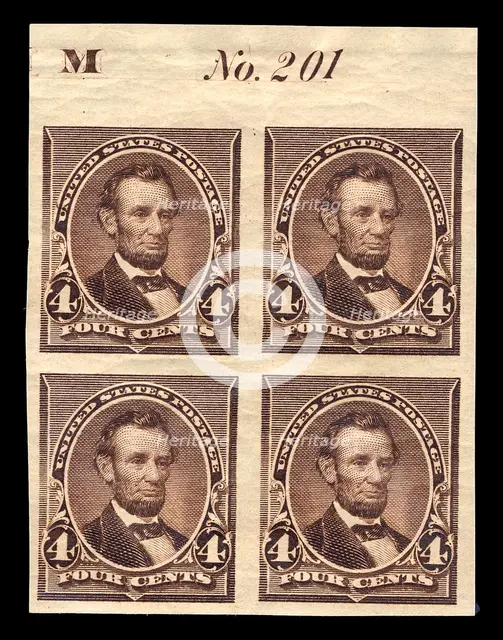 4c Abraham Lincoln proof plate block of four, June 2, 1890. Creator: American Bank Note Company.