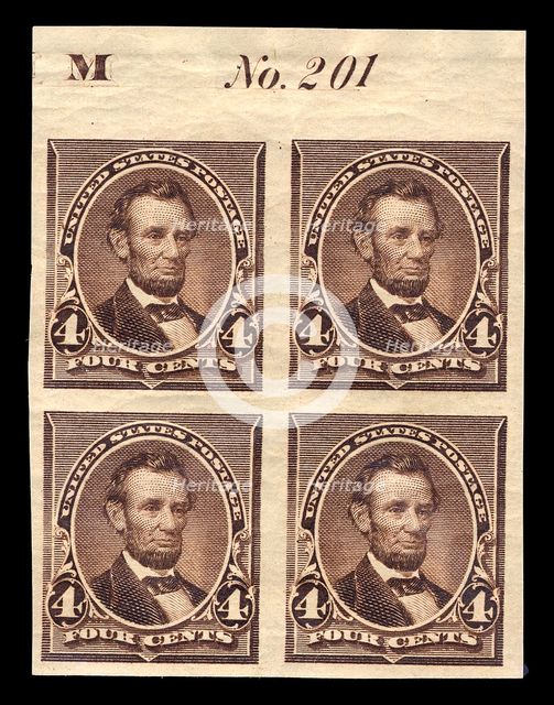 4c Abraham Lincoln proof plate block of four, June 2, 1890. Creator: American Bank Note Company.