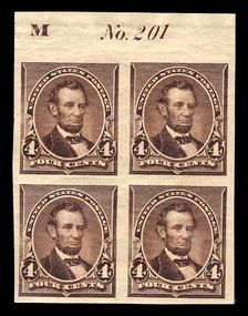 4c Abraham Lincoln proof plate block of four, June 2, 1890. Creator: American Bank Note Company