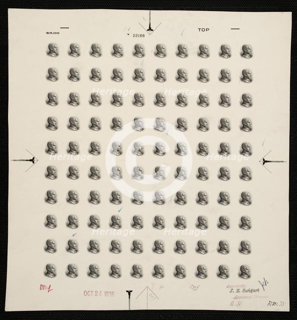 $5 Calvin Coolidge vignette plate proof, 1938. Creator: Bureau of Engraving and Printing.