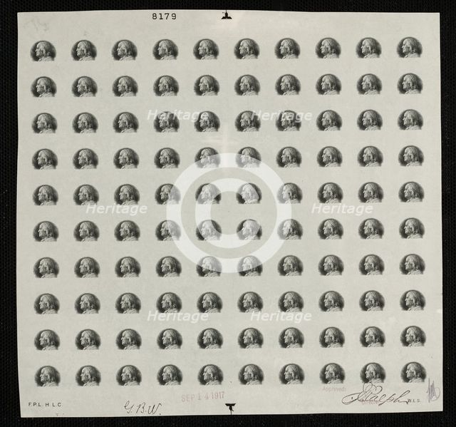 $5 Franklin vignette plate proof, Sept. 14, 1917. Creator: Bureau of Engraving and Printing.