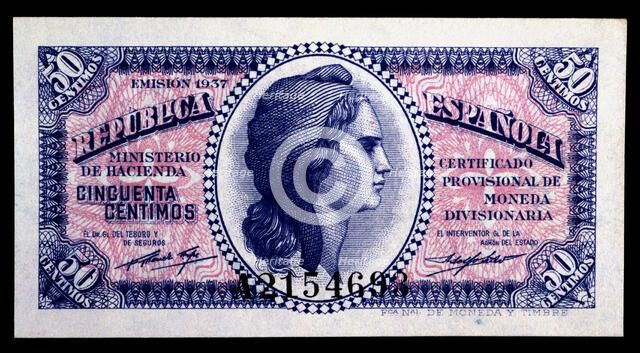 50-cents note edited by the Spanish Republic in 1937.