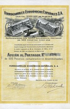 500 pesetas share from the Ferrocarriles Económicos Españoles, S.A., from Girona to Palamos, Barc…