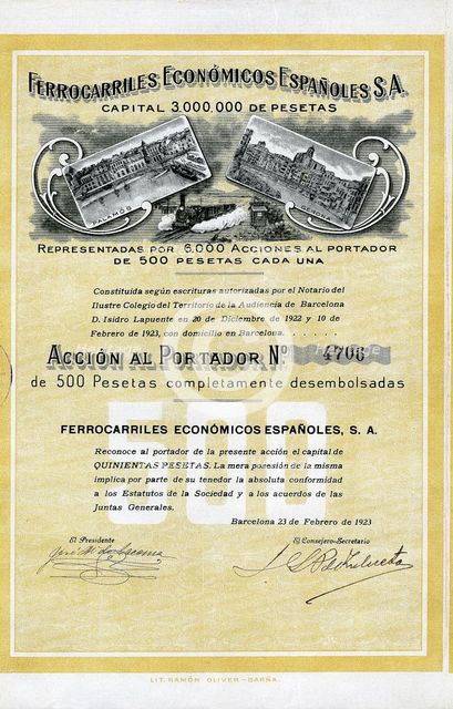 500 pesetas share from the Ferrocarriles Económicos Españoles, S.A., from Girona to Palamos, Barc…
