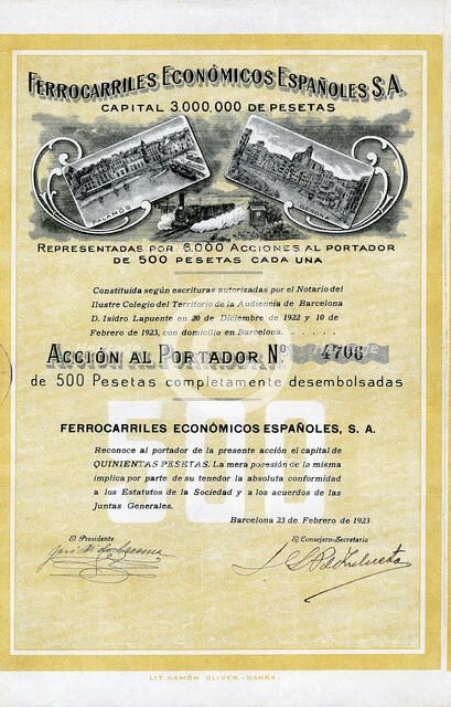 500 pesetas share from the Ferrocarriles Económicos Españoles, S.A., from Girona to Palamos, Barc…