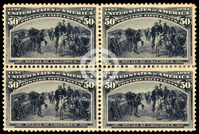50c Recall of Columbus block of four, 1893. Creator: Unknown.