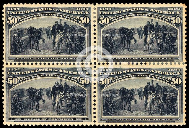 50c Recall of Columbus block of four, 1893. Creator: Unknown.