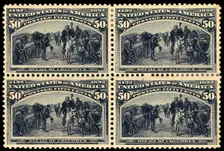 50c Recall of Columbus block of four, 1893. Creator: Unknown