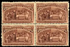5c Columbus Soliciting Aid from Queen Isabella block of four, 1893. Creator: Unknown