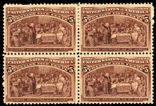 5c Columbus Soliciting Aid from Queen Isabella block of four, 1893. Creator: Unknown