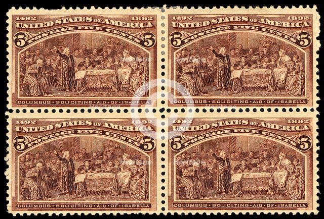 5c Columbus Soliciting Aid from Queen Isabella block of four, 1893. Creator: Unknown.