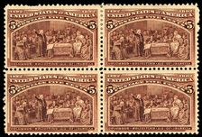 5c Columbus Soliciting Aid from Queen Isabella block of four, 1893. Creator: Unknown