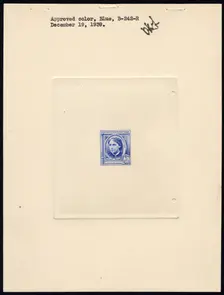 5c American Authors Louisa May Alcott die proof attached to plate proof, 14598. Creator: Bureau of Engraving and Printing