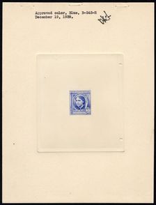 5c American Authors Louisa May Alcott die proof attached to plate proof, 14598. Creator: Bureau of Engraving and Printing