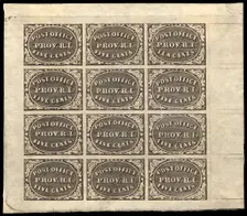 5c and 10c Providence, RI postmaster provisional sheet of twelve, 1846. Creator: Unknown