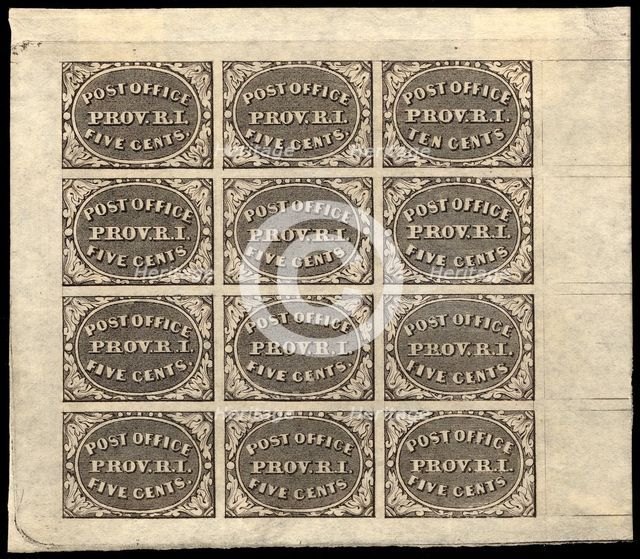 5c and 10c Providence, RI postmaster provisional sheet of twelve, 1846. Creator: Unknown.