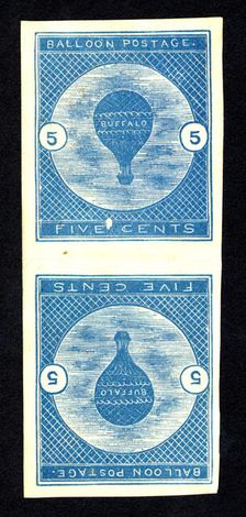 5c Buffalo Balloon imperforate vertical pair, 1877. Creator: Unknown