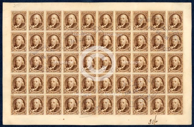 5c Franklin reproduction card plate proof sheet of fifty, 1891. Creator: Bureau of Engraving and Printing.