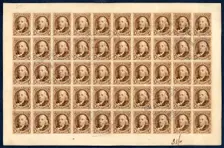 5c Franklin reproduction card plate proof sheet of fifty, 1891. Creator: Bureau of Engraving and Printing