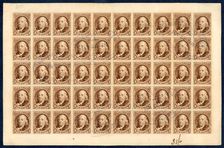 5c Franklin reproduction card plate proof sheet of fifty, 1891. Creator: Bureau of Engraving and Printing