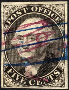 5c Washington New York postmaster provisional RHM signed single, 1845-1846. Creator: Unknown
