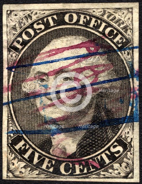 5c Washington New York postmaster provisional RHM signed single, 1845-1846. Creator: Unknown.