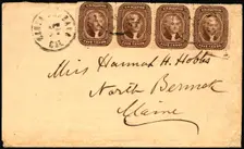 5c Thomas Jefferson strip of four on Santa Barbara, CA to Maine cover, 1860-1861. Creator: Unknown