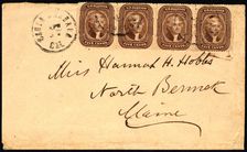 5c Thomas Jefferson strip of four on Santa Barbara, CA to Maine cover, 1860-1861. Creator: Unknown