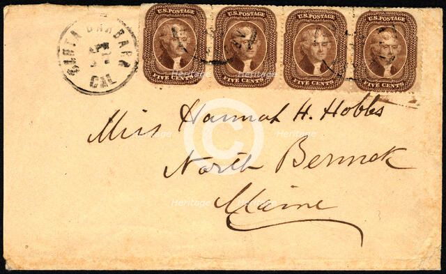 5c Thomas Jefferson strip of four on Santa Barbara, CA to Maine cover, 1860-1861. Creator: Unknown.