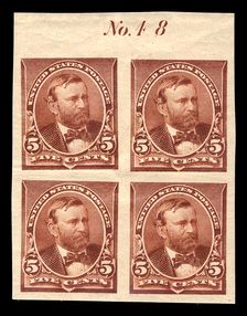 5c Ulysses S. Grant proof plate block of four, June 2, 1890. Creator: American Bank Note Company