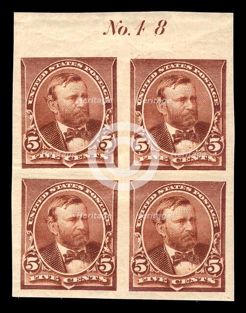 5c Ulysses S. Grant proof plate block of four, June 2, 1890. Creator: American Bank Note Company.