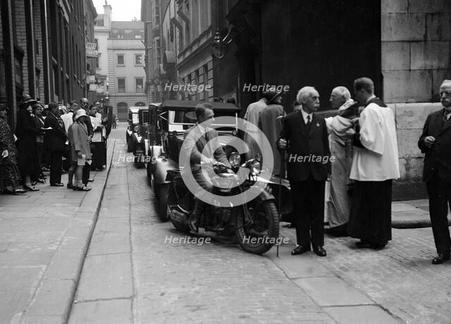600 cc Douglas motorcycle combination at a motor vehicle blessing ceremony. Artist: Bill Brunell.