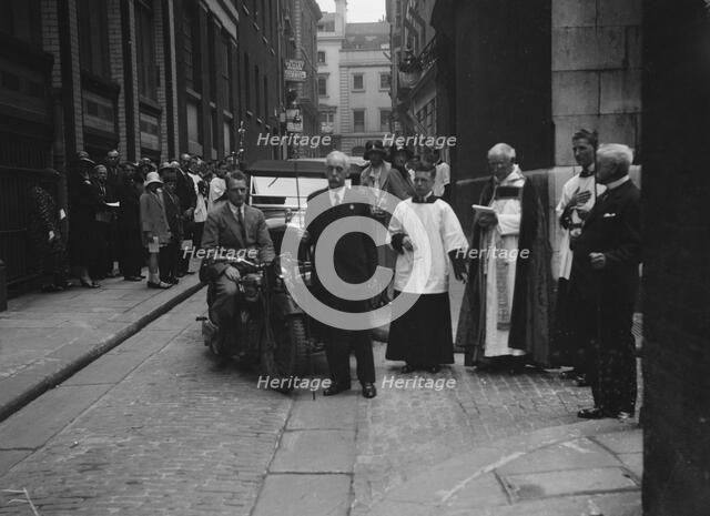 600 cc Douglas motorcycle combination at a motor vehicle blessing ceremony. Artist: Bill Brunell.