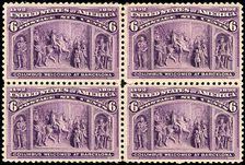 6c Columbus Welcomed at Barcelona block of four, 1893. Creator: Unknown