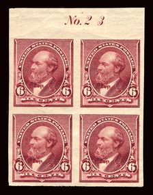 6c James A. Garfield proof plate block of four, February 22, 1890. Creator: American Bank Note Company
