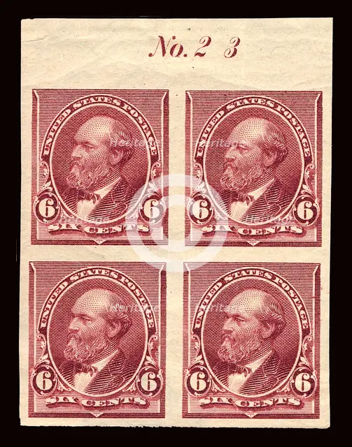 6c James A. Garfield proof plate block of four, February 22, 1890. Creator: American Bank Note Company.