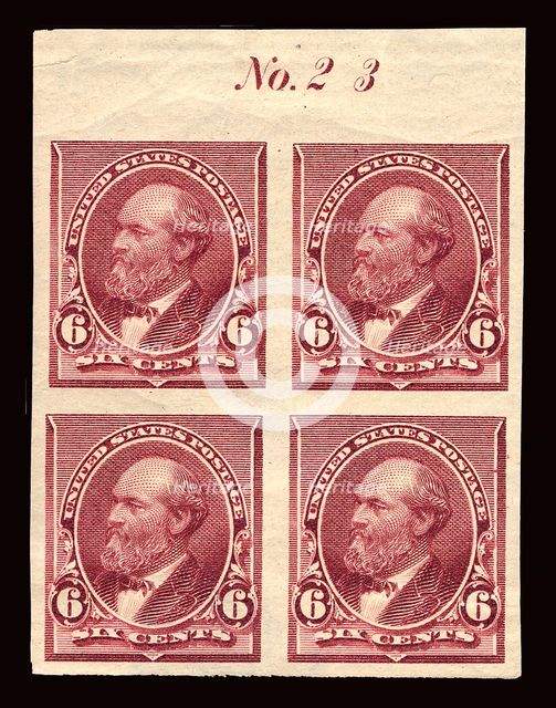 6c James A. Garfield proof plate block of four, February 22, 1890. Creator: American Bank Note Company.