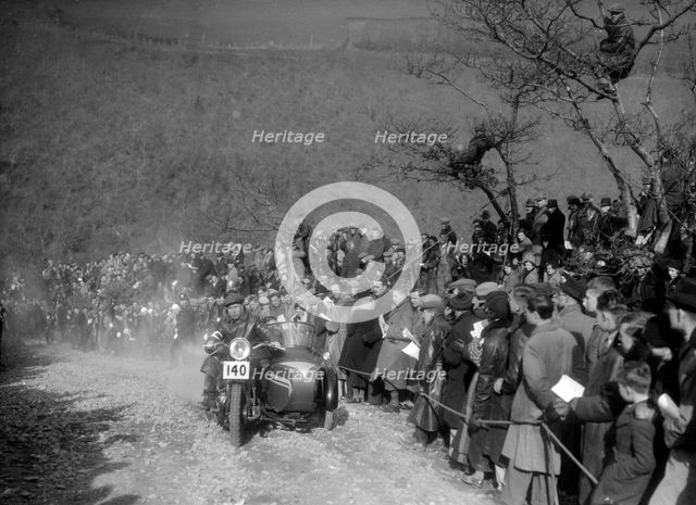 748 cc BSA and sidecar of HJ Finden at the MCC Lands End Trial, Beggars Roost, Devon, 1936. Artist: Bill Brunell.