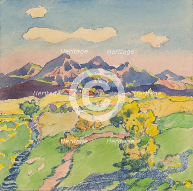 8.- View of a foothill village in the meadows, 1932. Creator: Gustav Mally.