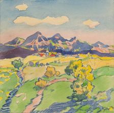 8.- View of a foothill village in the meadows, 1932. Creator: Gustav Mally