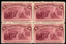 8c Columbus Restored to Favor block of four, 1893. Creator: Unknown